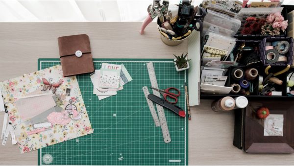 Craft supplies on a table from above