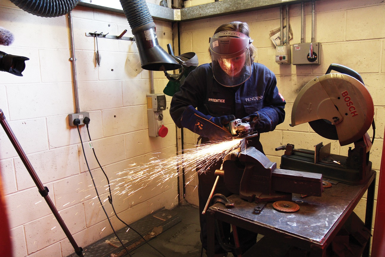 Cornwall College and Pendennis engineering apprentice practicing welding skills in the workshop at college