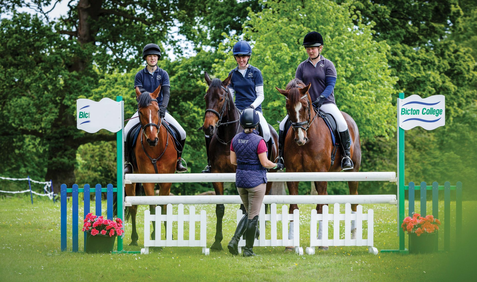 Group of equine students at Bicton College being briefed about a showjumping round