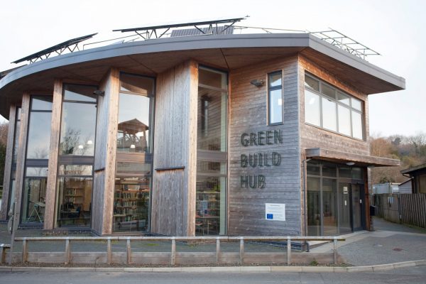 Exterior view of the Green Build Hub at The Eden Project where horticulture degrees are delivered by Duchy College