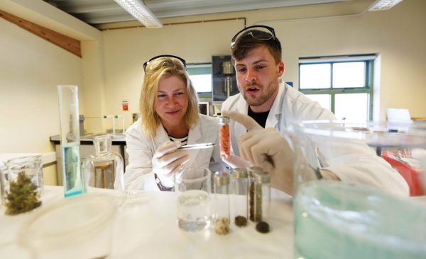 Two horticulture degree students in the plant science lab at the Eden project