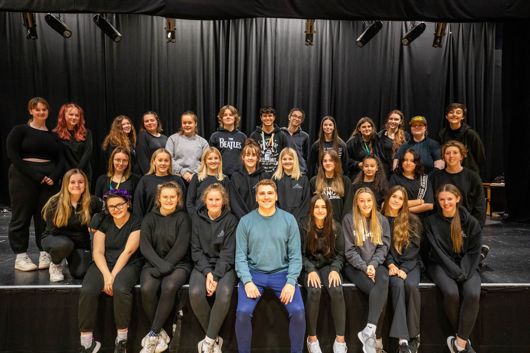 Jonny Purchase in The Keay Theatre with performing arts students at Cornwall College St Austell