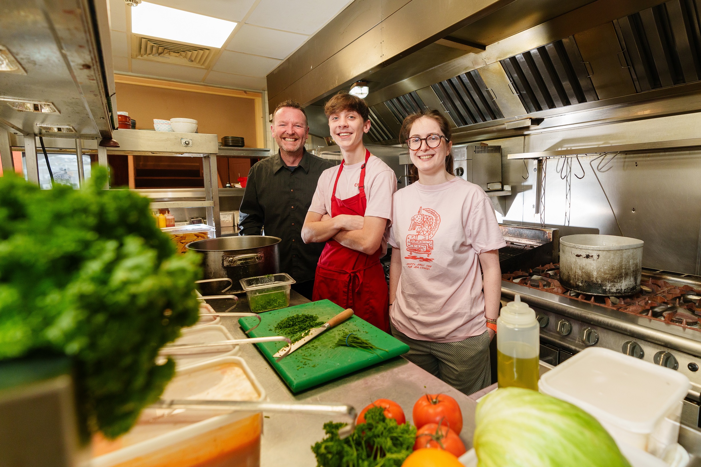 Apprentice Dillon Johnson and his employers at Cantina in Porthleven